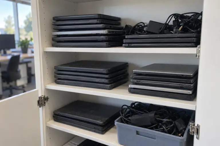 Een kantoorkast met afgeschreven laptops en laders.