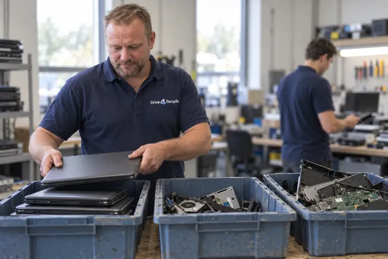 Bob sorteert oude hardware voor hergebruik, onderdelen en recycling.